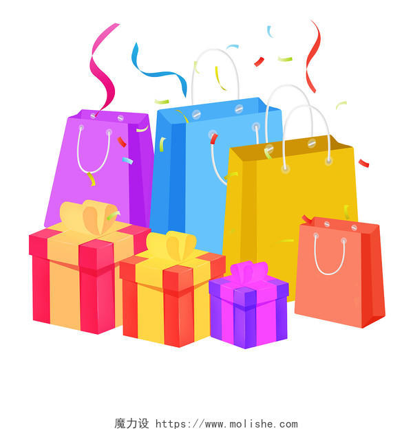 各式节日购物袋与购物礼盒的卡通风格PNG元素818购物袋